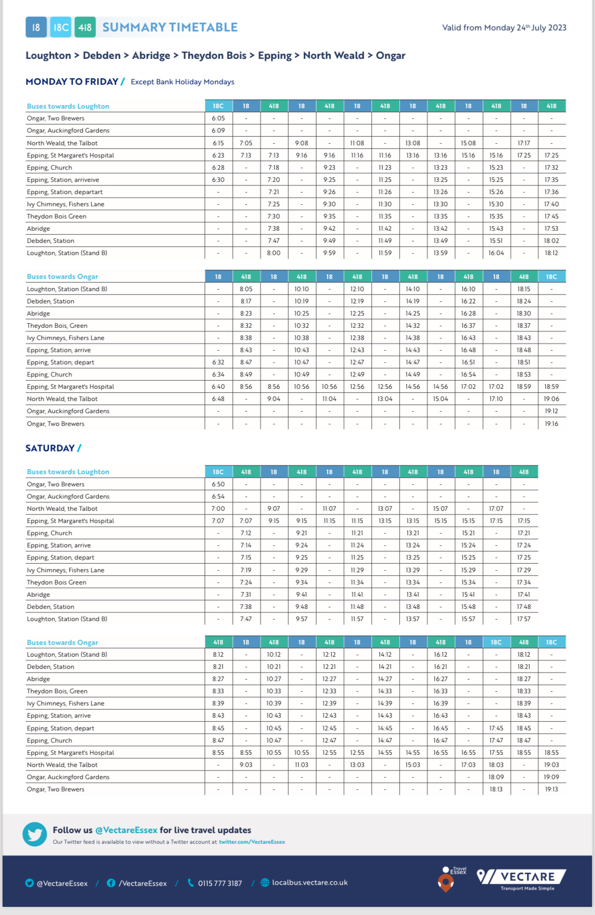Timetable and Fares Chart for 418 Bus